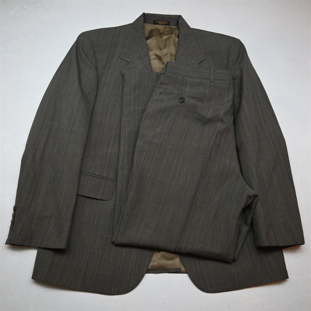 Vtg USA Made 44R 34x30 Brown Glenn Check Wool Mens Jacket‎ Pants Suit
